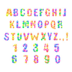 Vector colorful type set isolated on white background, letters and numbers made of colored balloons, festive elements.
