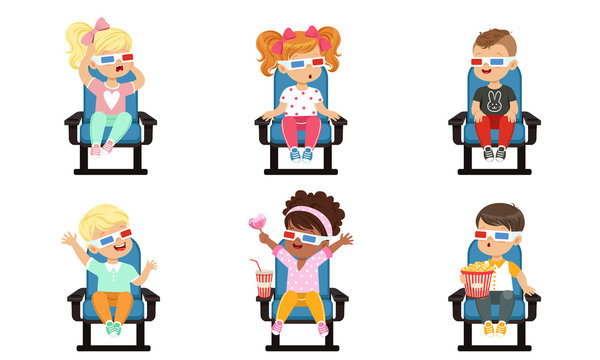 Cute Kids Watching Movie with 3D Glasses, Emotional Boys and Girls Sitting in the Cinema Vector Illustration on White Background
