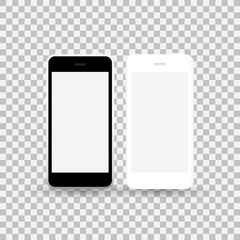 Realistic vector black mobile phone mock up with white blank and white screen isolated on transparent background - Vector