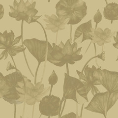  lotus water lily watercolor pattern seamless print textile paper background hand-drawn sketch nature natural spa exotic oriental tender flora flowering plants brown