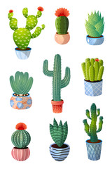 Set of colorful green cactus in pot for home decoration