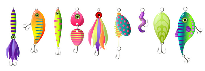 Set of modern colorful fishing bait, different form