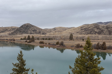 Two trees in foreground with calm green river and rolling hills