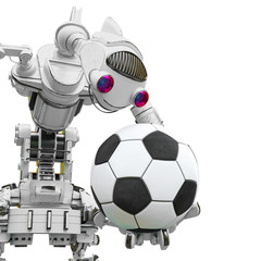 friendly robot is holding a football ball in white background close up