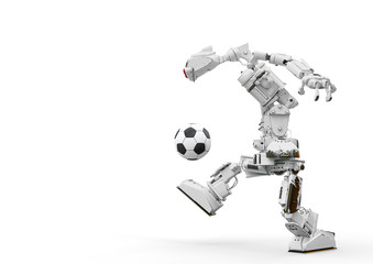 friendly robot is playing football in white background side view with copy space