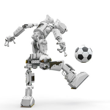 friendly robot is playing football in white background rear view