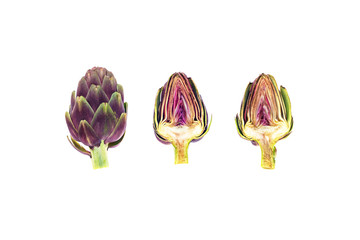 Three fresh raw artichokes isolated on white background. One whole fruit and two halves.