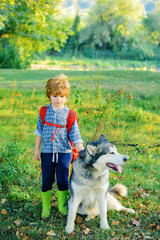 Naklejka na ściany i meble Little boy with pet dog exploring nature vacation. Camping tourism and vacation concept. Kids with dog walking away. A little blond boy with her pet dog outdooors in park.