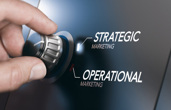 Man turning knob to select strategic instead of operational. Concept of marketing strategy. Composite image between a hand photography and a 3D background.