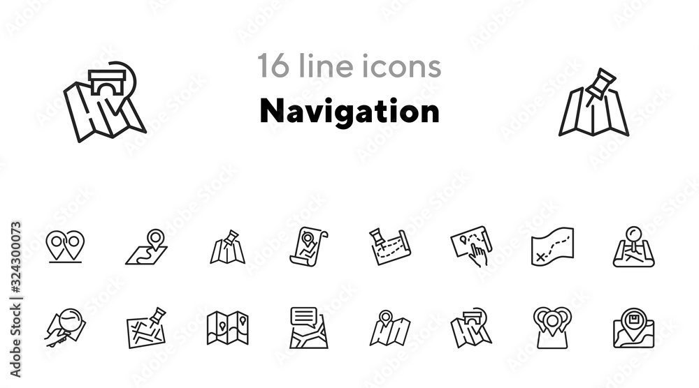 Poster navigation icon. set of line icons on white background. map, route, location. guide concept. vector 