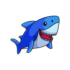 Cute blue shark swimming in deep ocean and smile
