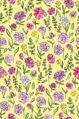 Floral seamless background pattern. Colorful spring flowers hand drawn, vector. Spring summer. Fabric swatch, textile design,wrapping, paper