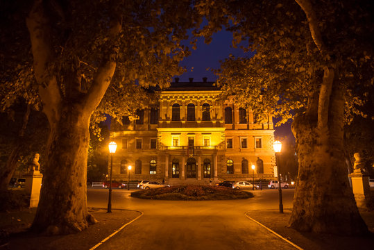 Zrinjevac park and Croatian Academy of Sciences and Arts at night, Zagreb, Croatia
