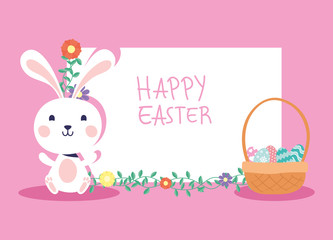 happy easter celebration card with rabbit and eggs painted in basket