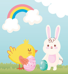 happy easter rabbit and chicken with eggs in grass rainbow clouds