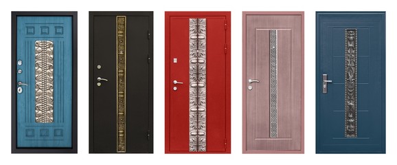 Set of models of entrance metal doors isolated on white background
