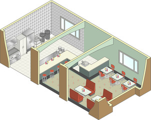 A vector isometric cutaway of a restaurant floor plan