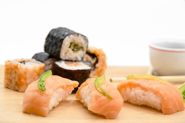Close Up Of Various Types Of Japanese Fresh Prepared Sushi .