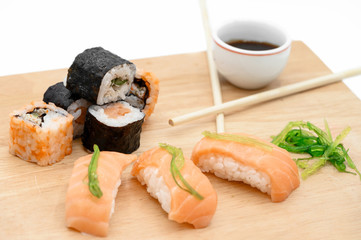 Close Up Of Various Types Of Japanese Fresh Prepared Sushi .