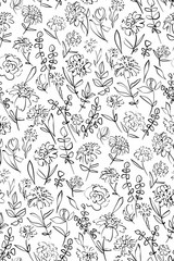 Fototapeta na wymiar Floral seamless background pattern. Black and white flowers hand drawn, vector. Line art. Spring summer season. Fabric swatch, textile design,wrapping, paper