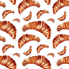 watercolor illustration. hand painted. Croissant seamless pattern on a white background.