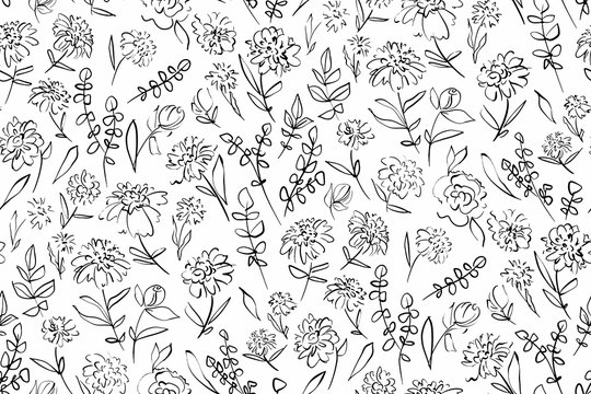 Floral seamless background pattern. Black and white flowers hand drawn, vector. Line art. Spring summer season. Fabric swatch, textile design,wrapping, paper
