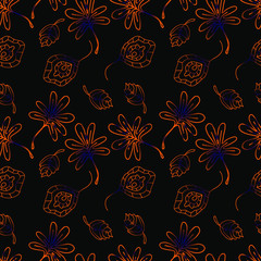 blue-orange leaves seamless pattern vector illustration on black background