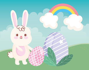 happy easter day rabbit with eggs grass rainbow decoration