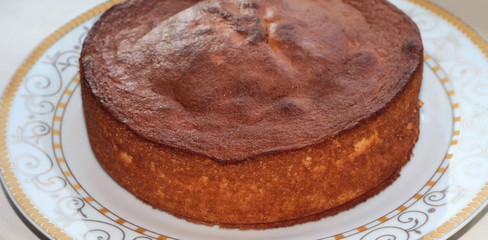 Homemade delicious sponge cake. Easy baking for home. Sweetness on a white plate with a gold pattern