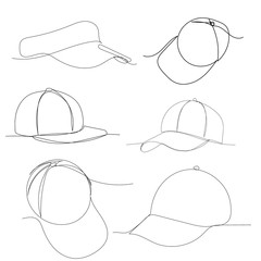 vector, on a white background, continuous line drawing, cap, set