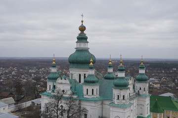 Obraz premium Holy Trinity Cathedral. View of the domes of the church on the background of private houses.