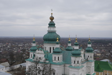 Holy Trinity Cathedral. View of the domes of the church on the background of private houses.