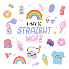 LGBTQ pride print with equality symbols and lovely typography. Vector hand drawn illustrations and lettering.