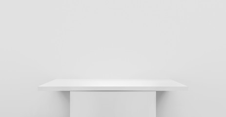 3D illustration of empty shelf table on white wall or empty pedestal for mockup, blank stand for...