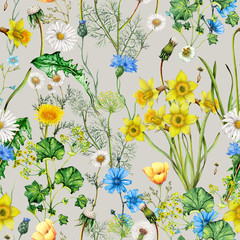 Watercolor seamless pattern of  hand drawn spring flowers