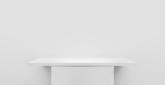 3D illustration of empty shelf table on white wall or empty pedestal for mockup, blank stand for product and display on white minimal background