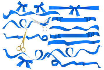 Metal chrome and golden scissors cutting azure blue silk ribbon. Realistic opening ceremony symbols Tapes ribbons and scissors set. Grand opening inauguration event public ceremony - obrazy, fototapety, plakaty