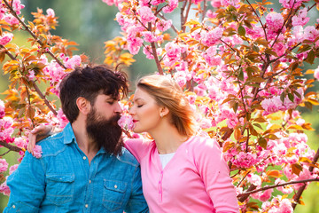 Kissing couple in spring nature close-up portrait. Smiling couple in love on blossoming tree garden...