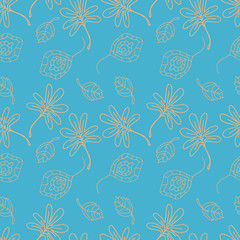 vector illustration seamless pattern beige leaves on a blue background useful for textile, wrapping paper