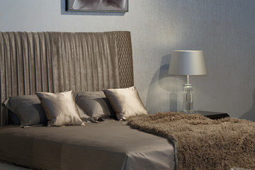 Silver pillows bedroom interior white shade lamp.