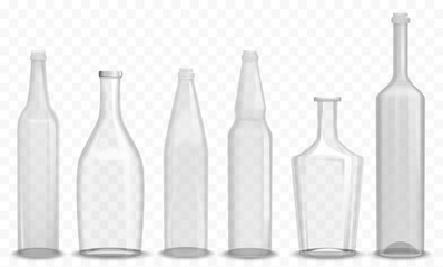 Realistic glass empty bottle in various design set vectro illustration