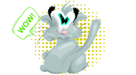 Funny gray cat in a cartoon style half-turned with a ridiculous expression on his face