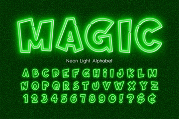 Neon light 3d alphabet, extra glowing comic style type.