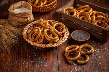 Salty hard round pretzels