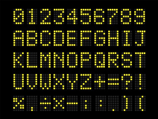 Realistic Digital terminal led bulb terminal table font. Letters, numbers, and punctuation marks.