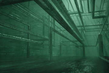 Abstract background iron pipes in the form of a labyrinth in the premises of the plant, around steam, chemical production. Photorealistic 3D render.