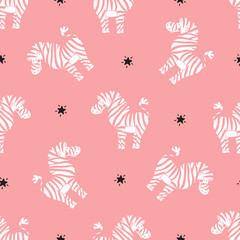 Animals Background for Kids. Vector Seamless Pattern with doodle Cute Zebra and Stars. Children's wallpaper.