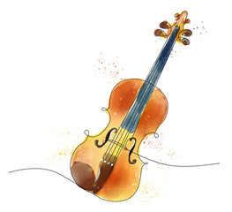 disegno a singola linea continua di violino colorato con tecnica ad acquarello - obrazy, fototapety, plakaty