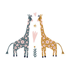 Giraffe flowers skin print, jungle vector baby funny illustration in scandinavian style for kids, safari Africa wild animals, cute little cartoon characters, pastel colors