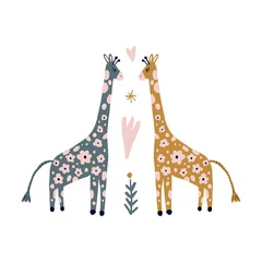 Cercles muraux Chambre de bébé Impression de peau de fleurs de girafe, illustration drôle de bébé de vecteur de jungle dans le style scandinave pour des enfants, animaux sauvages de safari d& 39 Afrique, petits personnages mignons de bande dessinée, couleurs pastel